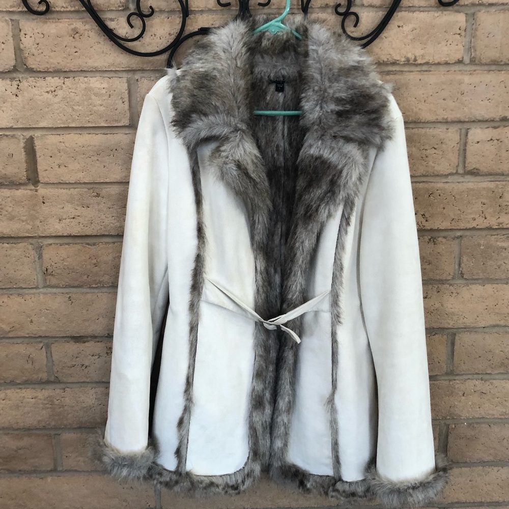 White suede and gray faux fur BEBE jacket.